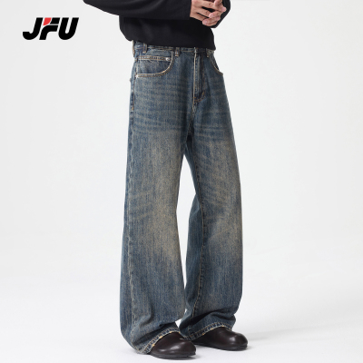JFU潮牌复古做旧阔腿牛仔裤男