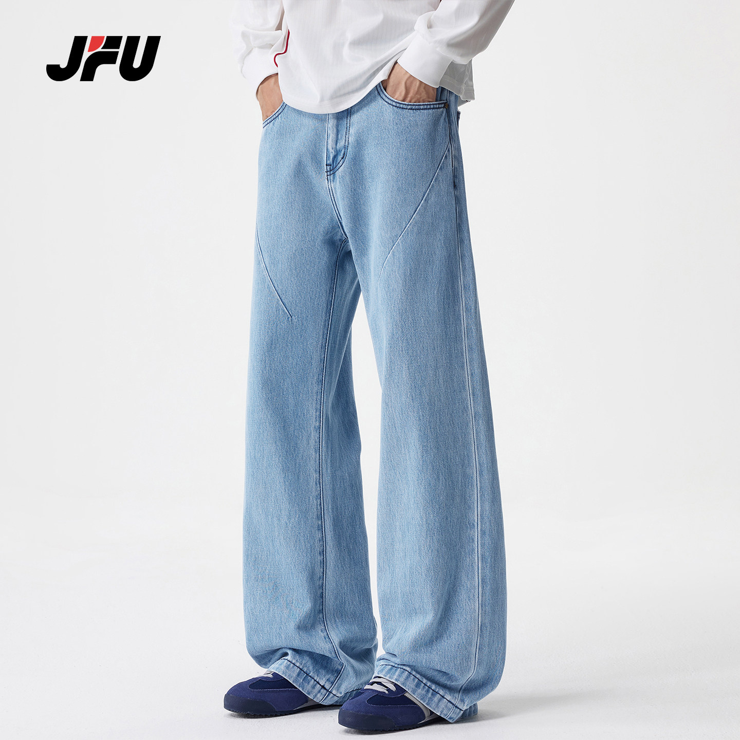 JFU潮牌男复古水洗蓝微喇牛仔裤图片