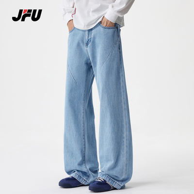 JFU潮牌男复古水洗蓝微喇牛仔裤