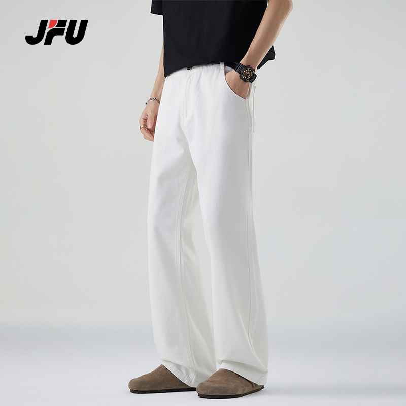 JFU夏季新款白色美式百搭纯棉牛仔裤男款潮牌宽松直筒阔腿长裤子