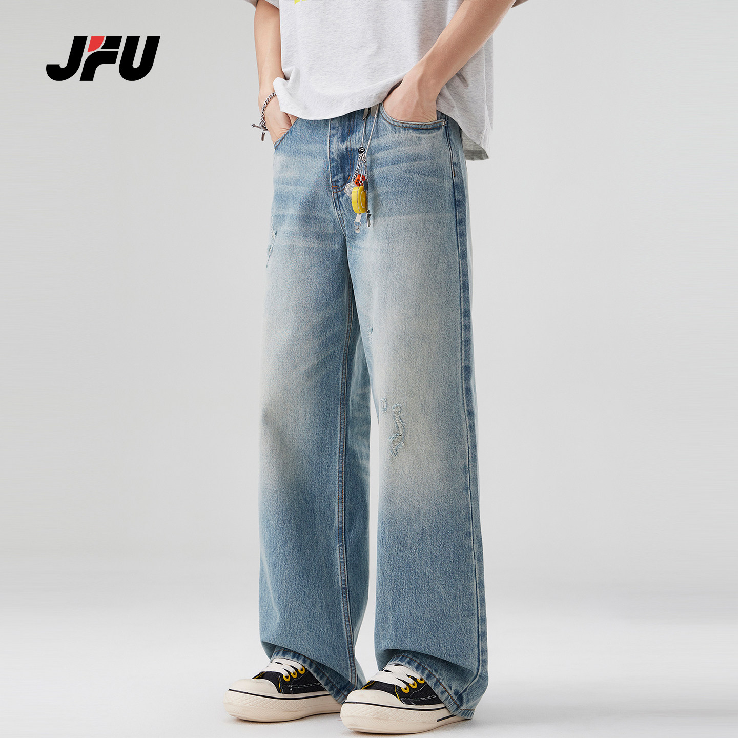 JFU潮牌复古水洗磨破牛仔裤男