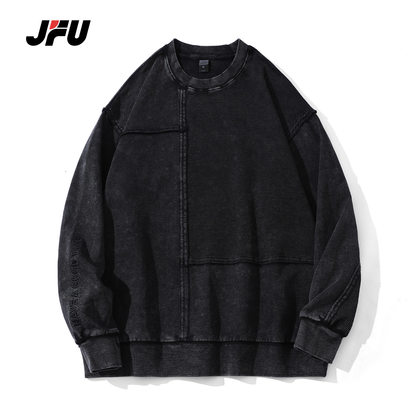 JFU潮牌美式拼接宽松圆领卫衣男