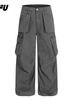 JFU潮牌 秋冬新款美式复古做旧工装裤男款宽松休闲直筒阔腿长裤
