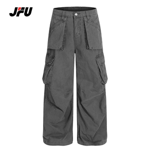 JFU潮牌 秋冬新款美式复古做旧工装裤男款宽松休闲直筒阔腿长裤