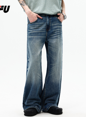 JFU潮牌 春季美式复古水洗猫须牛仔裤男阔腿垂感拖地微喇长裤子