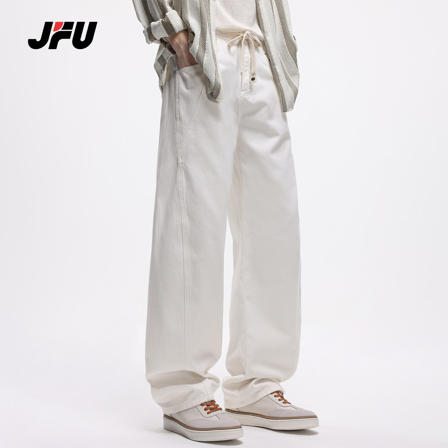 JFU潮牌 春季新款美式高街复古白色宽松牛仔裤男直筒阔腿长裤子