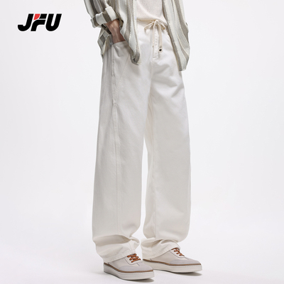 JFU潮牌高街复古白色阔腿牛仔裤