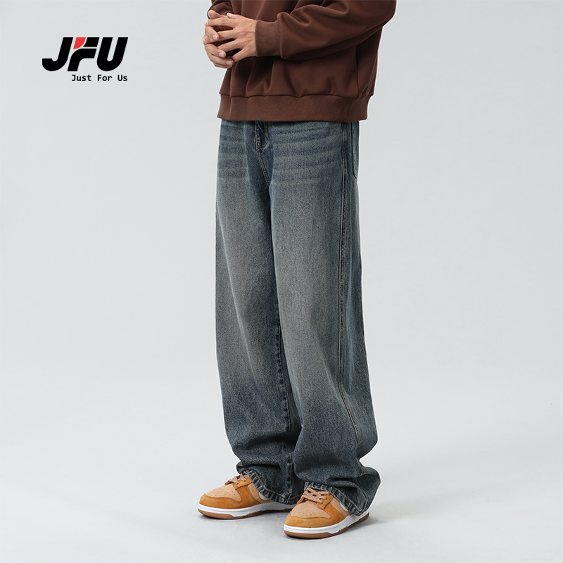 JFU 美式复古牛仔裤男款高街阔腿长裤子男生宽松直筒潮牌春夏薄款