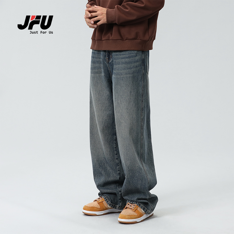 JFU 美式复古牛仔裤男款高街阔腿长裤子男生宽松直筒潮牌春秋款