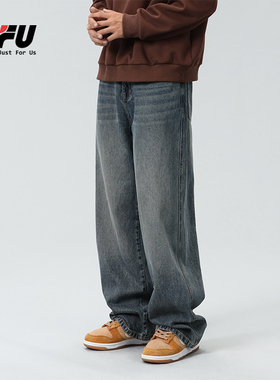 JFU 美式复古牛仔裤男款高街阔腿长裤子男生宽松直筒潮牌秋冬款