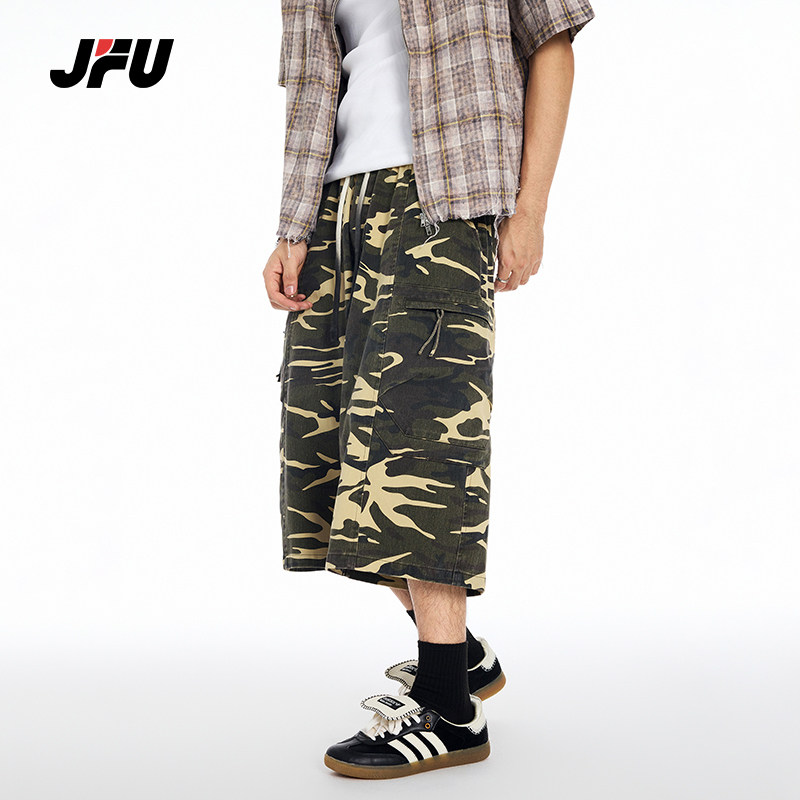 JFU夏季新款美式水洗做旧迷彩工装短裤男款宽松阔腿休闲七分裤