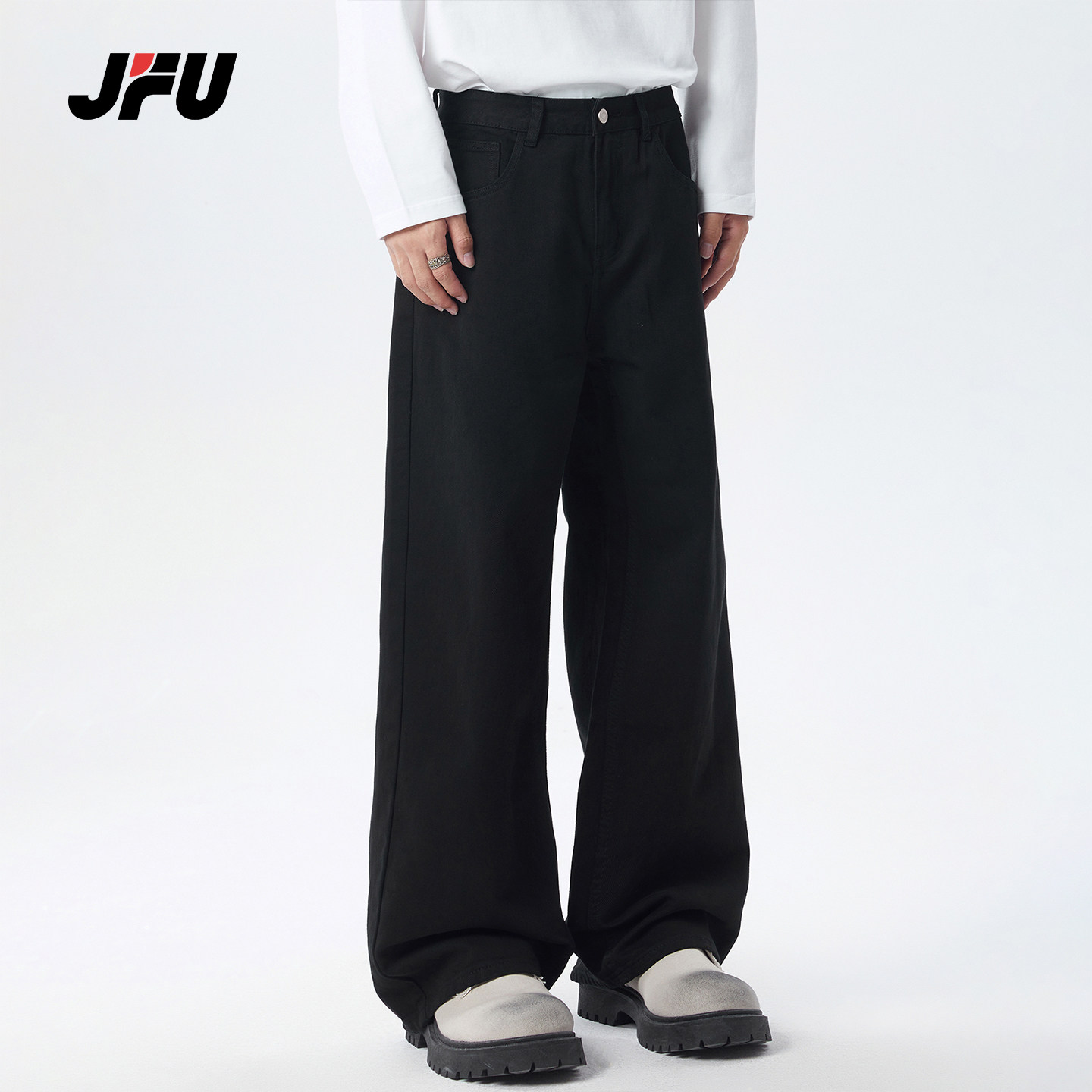 JFU潮牌 秋冬季美式复古黑色直筒牛仔裤男痞帅宽松阔腿休闲长裤子