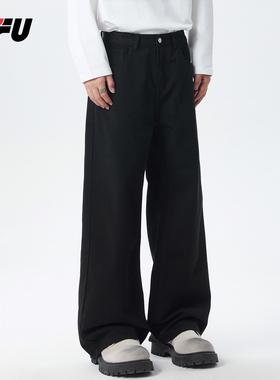 JFU潮牌 秋冬季美式复古黑色直筒牛仔裤男痞帅宽松阔腿休闲长裤子