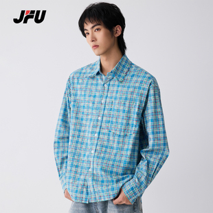 JFU潮牌 秋季新款美式复古格子长袖衬衫男款宽松休闲百搭衬衣外套