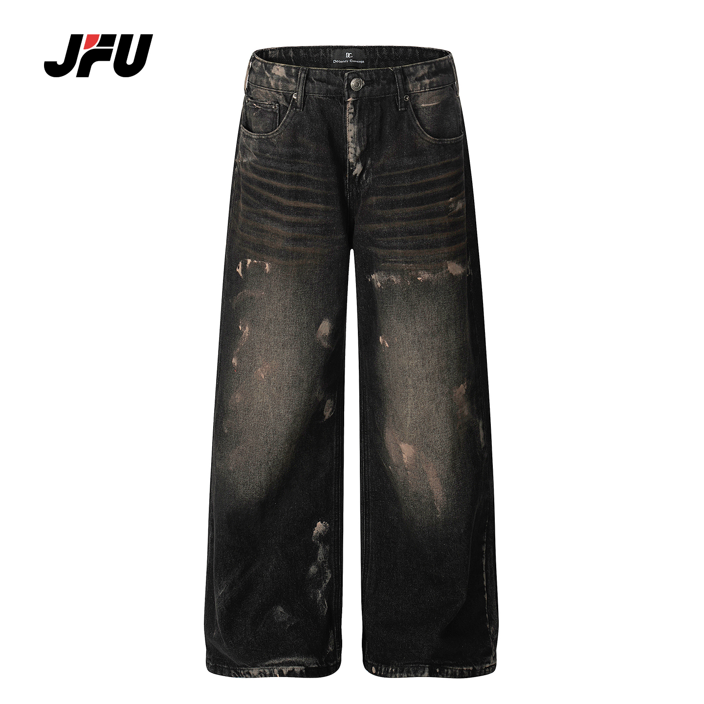 JFU潮牌复古破洞直筒牛仔裤