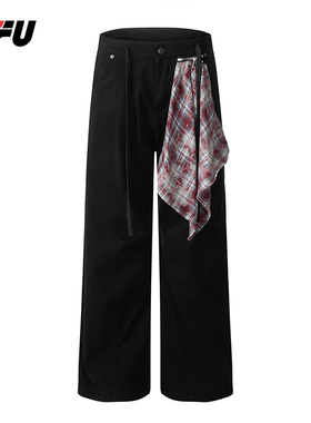 JFU秋冬美式复古高街黑色弯刀显瘦牛仔裤男手帕装饰拉链阔腿长裤