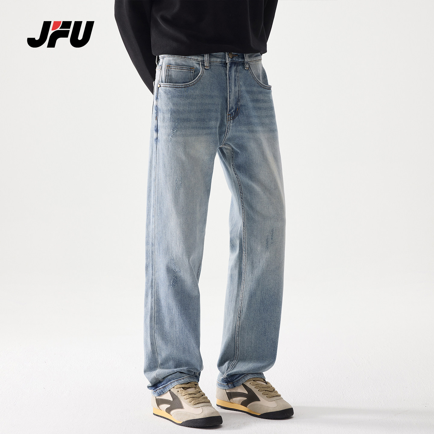 JFU潮牌复古做旧直筒牛仔裤男图片