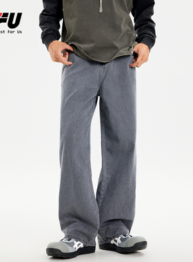 JFU美式vibe复古青少年直筒牛仔裤男休闲裤潮牌百搭宽松灰色长裤