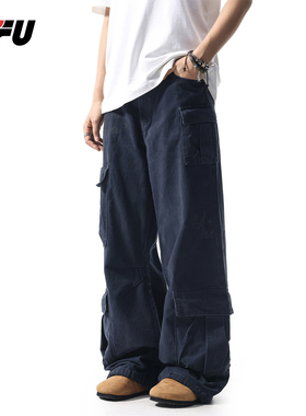 JFU夏季新款美式多口袋休闲工装裤男款宽松直筒阔腿拖地长裤子
