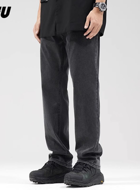 JFU春秋季款直筒黑色牛仔裤男宽松直筒美式高街阔腿裤休闲长裤子