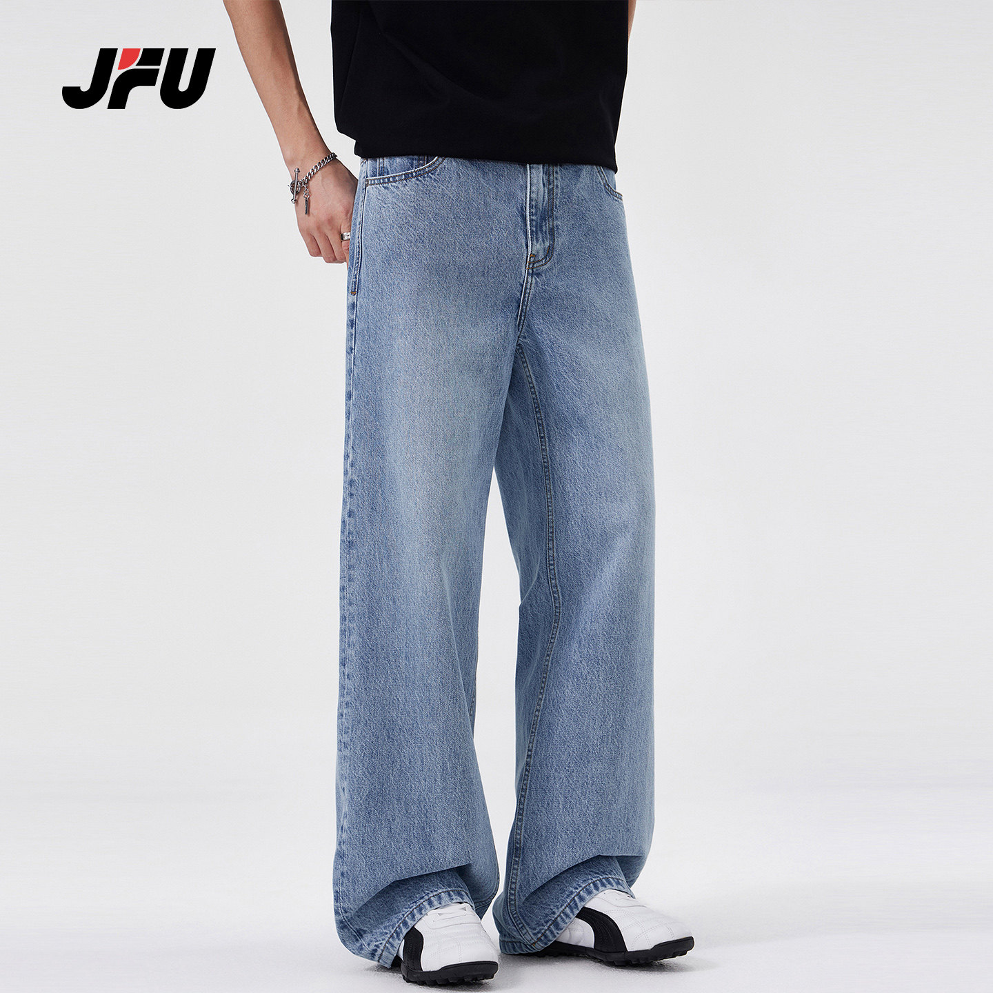 JFU潮牌 春季新款美式复古水洗直筒牛仔裤男宽松百搭阔腿休闲长裤