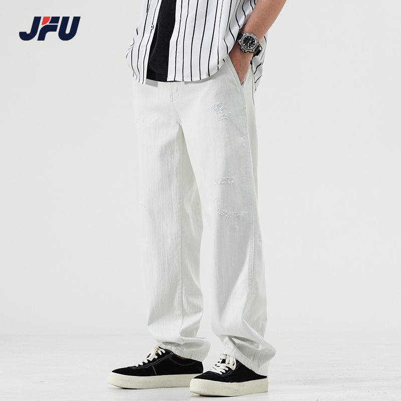 JFU美式牛仔裤男款夏季薄款水洗青白色直筒垂感高街ins裤子男潮牌