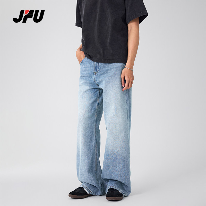 JFU夏季新款美式复古做旧阔腿牛仔裤男款宽松直筒拖地休闲长裤子