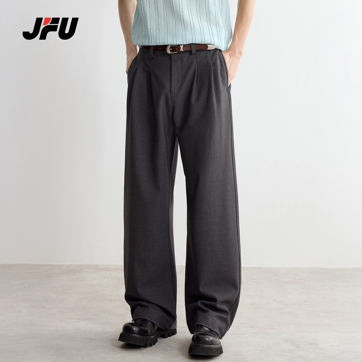 JFU潮牌 春季新款高腰松紧腰阔腿弯刀休闲裤男宽松直筒西装长裤