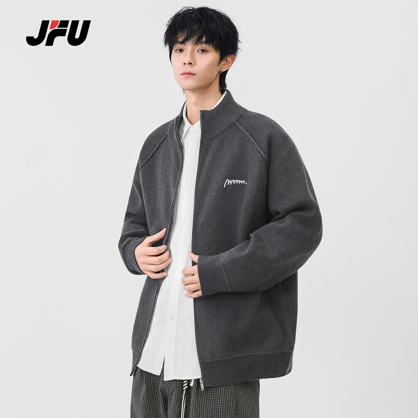 JFU潮牌 秋冬新款复古拼接纯色翻领针织开衫男款宽松休闲毛衣外套