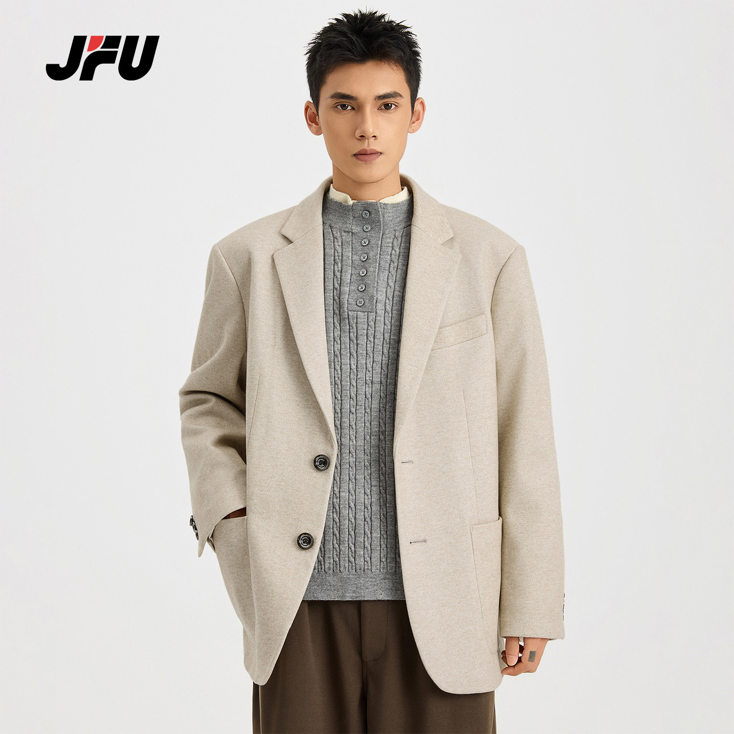 JFU潮牌 秋冬新款美式复古宽松休闲西服外套男通勤长袖西装上衣