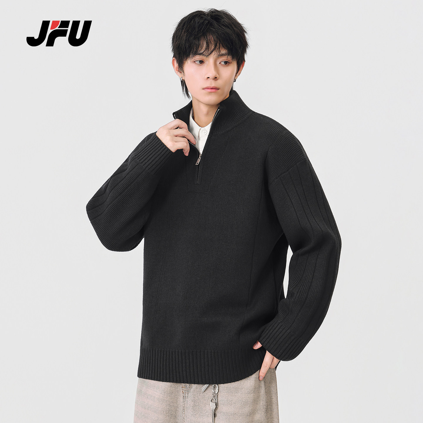JFU潮牌 秋冬新款复古半拉链高领针织衫男款宽松休闲毛衣打底衫