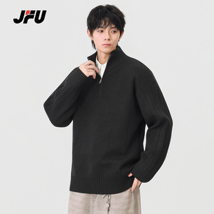 JFU潮牌 秋冬新款复古半拉链高领针织衫男款宽松休闲毛衣打底衫