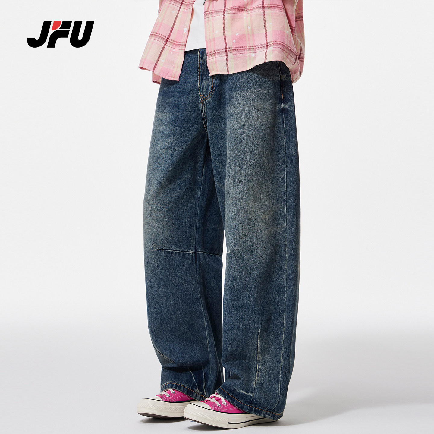 JFU潮牌 秋冬季美式复古水洗小弯刀牛仔裤男宽松直筒阔腿长裤子