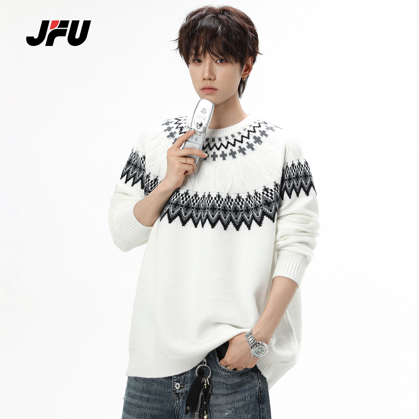 JFU潮牌费尔岛提花慵懒男毛衣图片