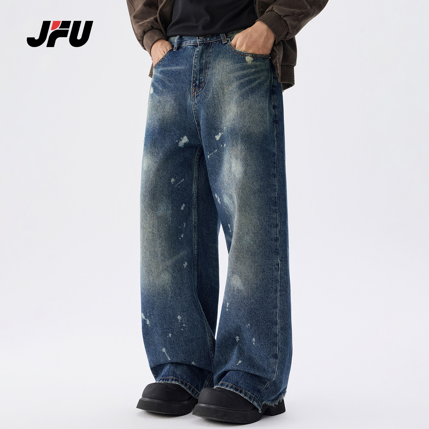 JFU潮牌美式复古宽松直筒牛仔裤