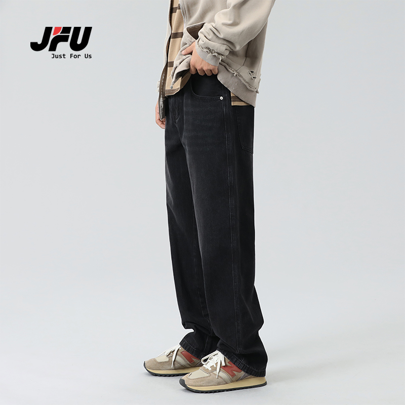 JFU 美式复古黑色牛仔裤男生宽松直筒阔腿长裤子男款春夏薄款百搭
