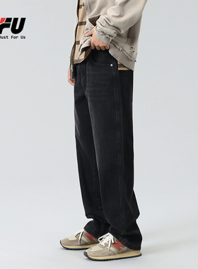 JFU 美式复古黑色牛仔裤男生宽松直筒阔腿长裤子男款春夏薄款百搭