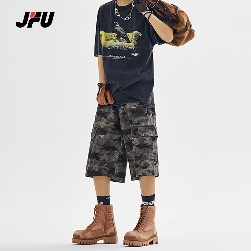 JFU夏季新款美式迷彩休闲短裤男款宽松直筒阔腿多口袋工装七分裤