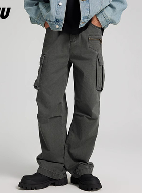 JFU 美式高街工装长裤子男款秋冬款阔腿垂感潮牌牛仔裤男生长裤