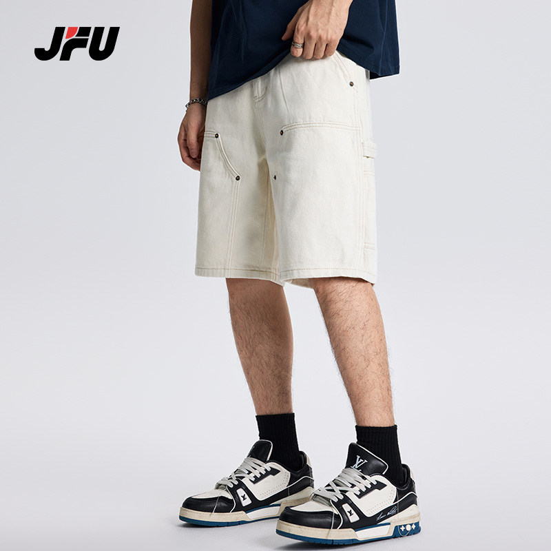 JFU夏季新款美式复古工装牛仔短裤男款宽松阔腿直筒五分休闲裤