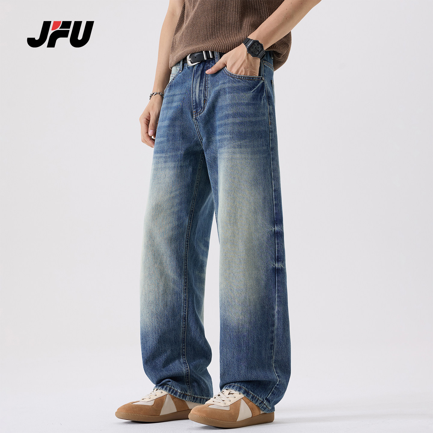 JFU潮牌 美式复古水洗做旧牛仔裤男宽松直筒阔腿垂感休闲长裤子