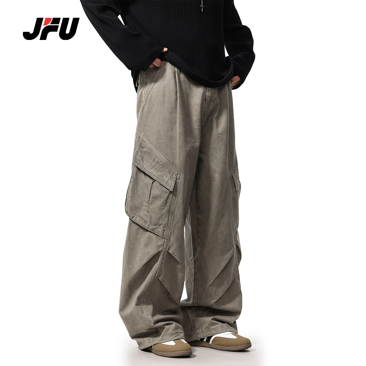 JFU美式复古解构设计感工装裤男女秋冬宽松休闲褶皱直筒垂感裤子