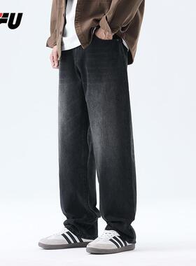 JFU秋季美式复古黑色直筒牛仔裤男潮牌宽松做旧阔腿裤休闲长裤