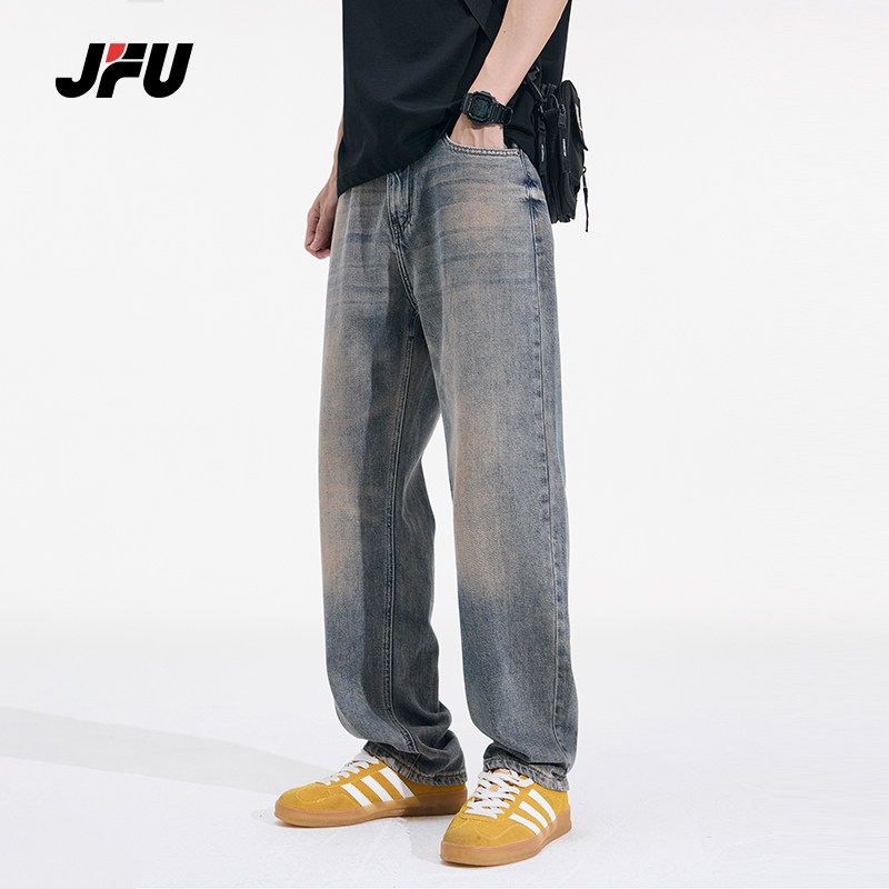 JFU春季新款美式复古水洗做旧牛仔裤男款宽松直筒阔腿休闲长裤子