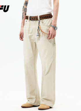 JFU潮牌 春季新款美式复古宽松直筒阔腿牛仔裤男时尚高街工装长裤
