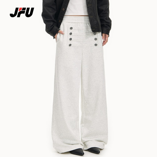 JFU潮牌复古排扣阔腿拖地休闲裤