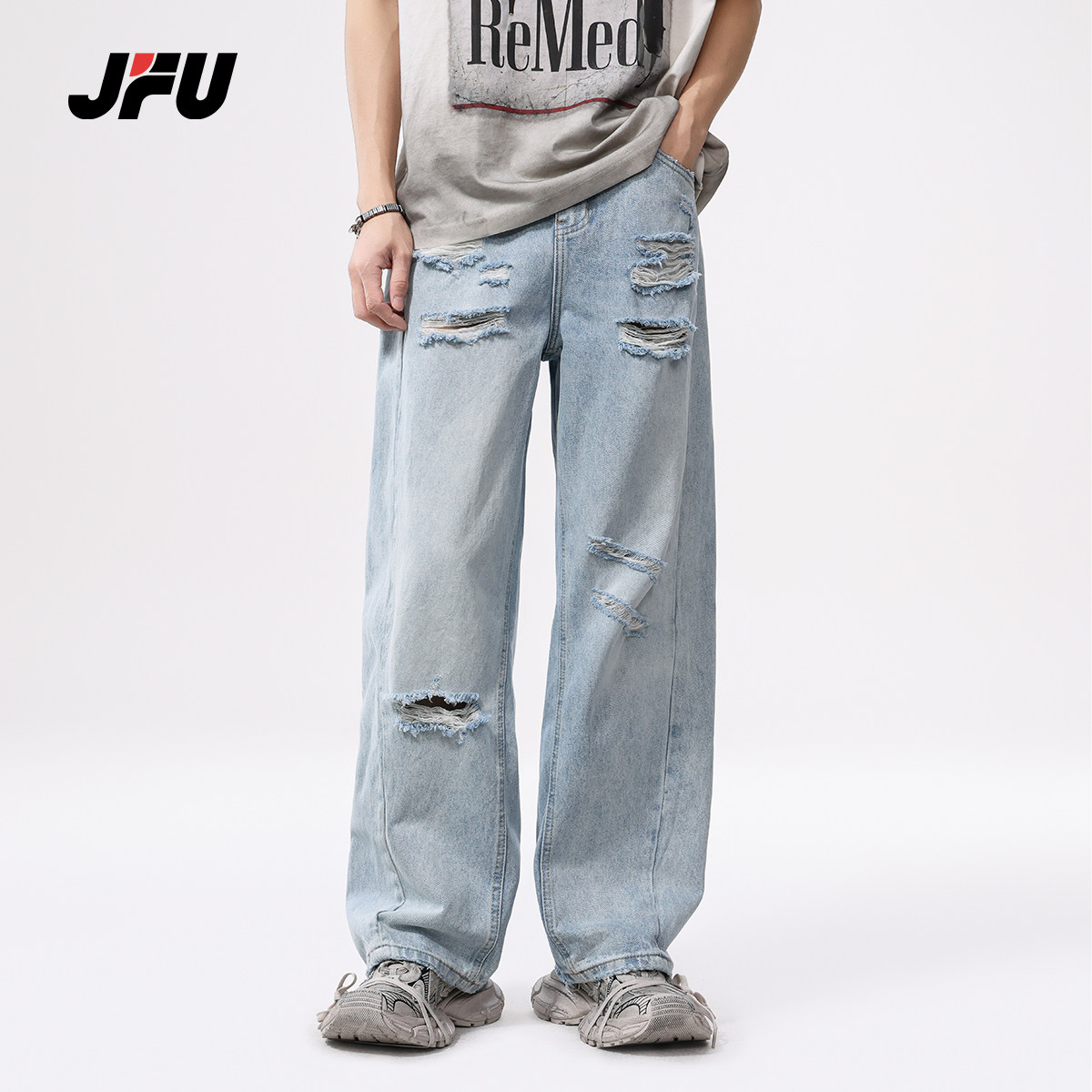 JFU2025春款美式水洗休闲裤复古做旧破洞牛仔裤男直筒宽松阔腿裤