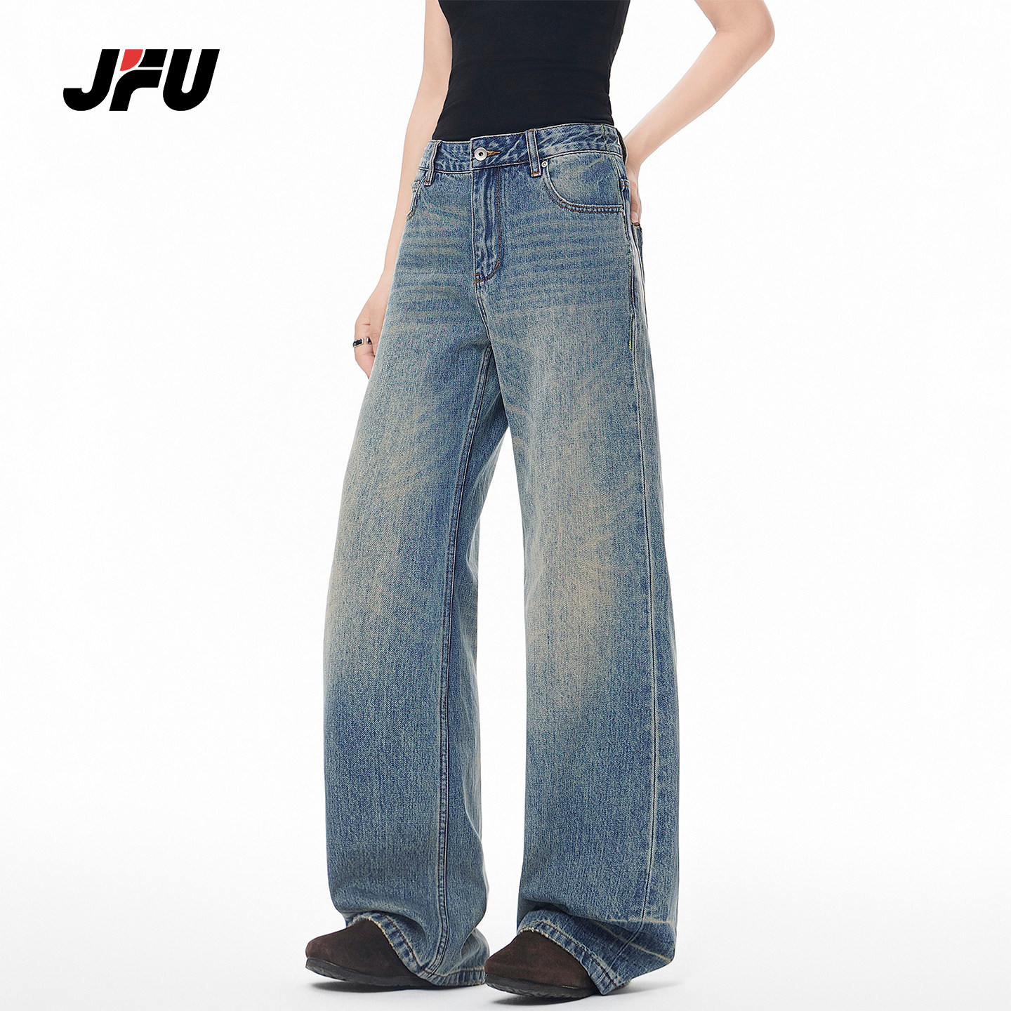 JFU潮牌 春季美式复古水洗牛仔裤男高腰宽松直筒阔腿垂感休闲长裤