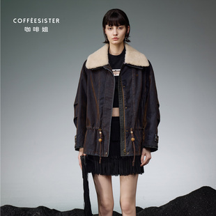 coffeesister咖啡姐加厚翻领毛领一手长收腰牛仔羽绒服CAJD1852