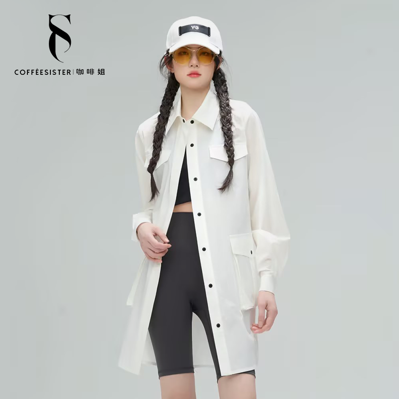 咖啡姐S型休闲高级感休闲风POLO领中长款A型防泼水衬衫裙CAJD0096